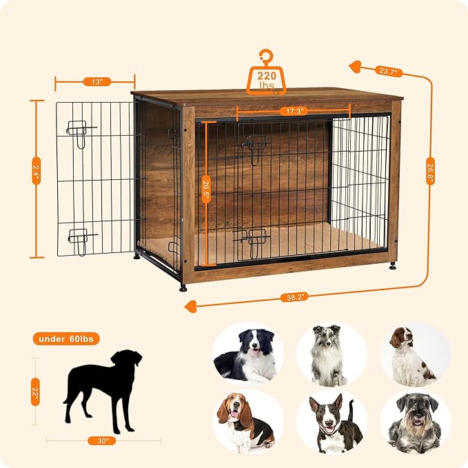 DWANTON Dog Crate Furniture with Cushion, Large Wooden Dog Crate with Double Doors, Dog Furniture, Indoor Dog Kennel, Dog House, Large, 38.5" L, Warm Brown