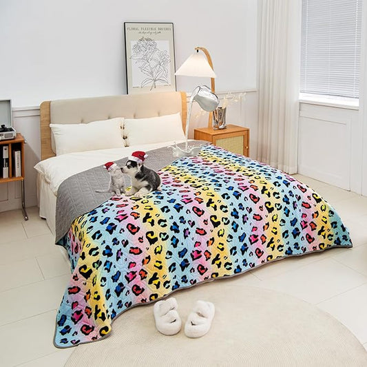 Waterproof Dog Bed Cover 52x82inch Reversible Pad Reusable Camping Mat for Kids/Pet/Dog/Cat Washable Geometric Embroidery Blanket Patchwork Rainbow Leopard Printed+Gray