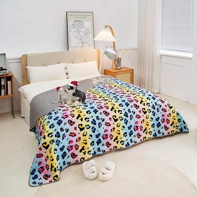 Waterproof Dog Bed Cover 68x82inch Reversible Pad Reusable Camping Mat for Kids/Pet/Dog/Cat Washable Geometric Embroidery Blanket Patchwork Rainbow Leopard Printed+Gray