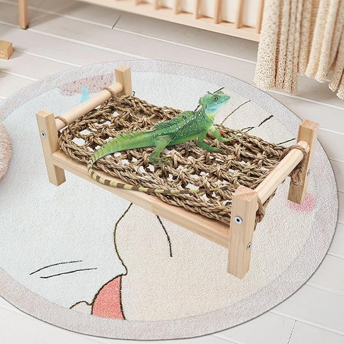 Dnoifne Reptile Hammock Swing Hanging Bed, Wooden Lizard Bed, Reptile Summer Bed for Bearded Dragon Leopard Gecko Lizard (Small)
