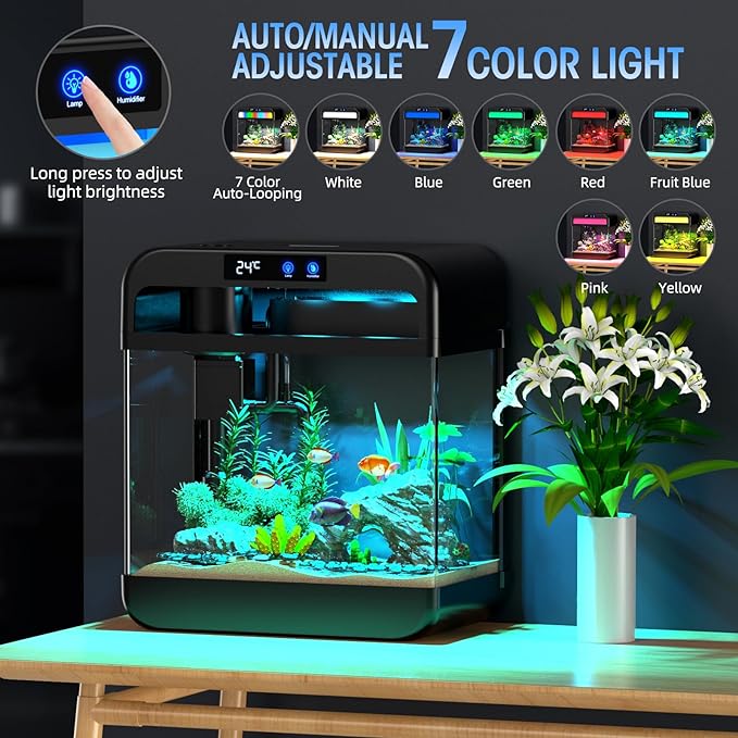 Fish Tank Aquarium 2.2 Gallon with Humidifier 7 Color Auto-Looping Light Self Cleaning 3 in 1 Pump with Filteration & Oxygenation & Circulation, Temperature Display, HD Float Glass, Thickened Base