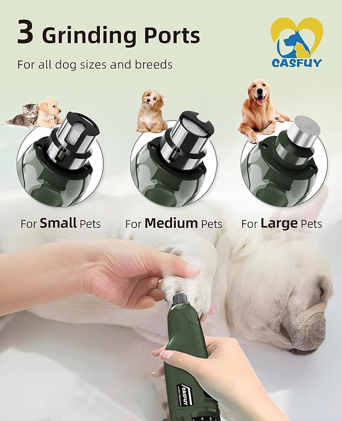 Casfuy Dog Nail Grinder Quiet - (45db) 6-Speed Pet Nail Grinder with 2 LED Lights for Large Medium Small Puppy Dogs/Cats, Professional 3 Ports Rechargeable Electric Dog Nail Trimmer with Dust Cap