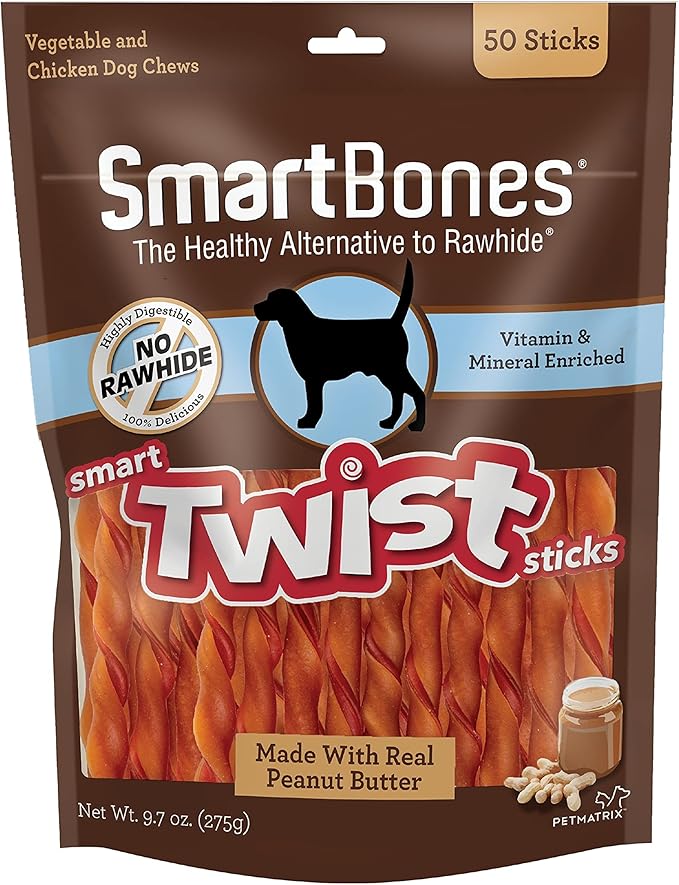 SmartBones Smart Twist Sticks with Peanut Butter 50 Count, Rawhide-Free Chews for Dogs + DreamBone Twist Sticks, Made with Real Chicken, Rawhide-Free Chews for Dogs, 50 Count