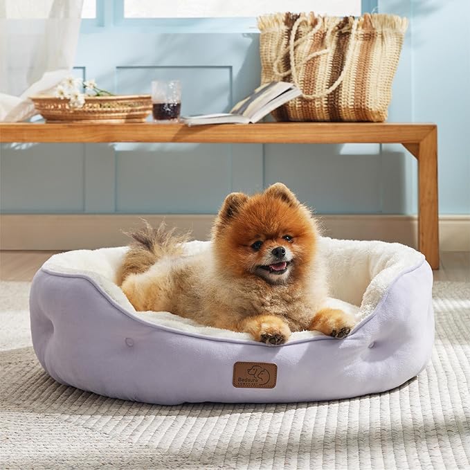 Bedsure Dog Beds for Small Dogs - Round Cat Beds for Indoor Cats, Washable Pet Bed for Puppy and Kitten with Slip-Resistant Bottom, 25 Inches, Misty Lilac