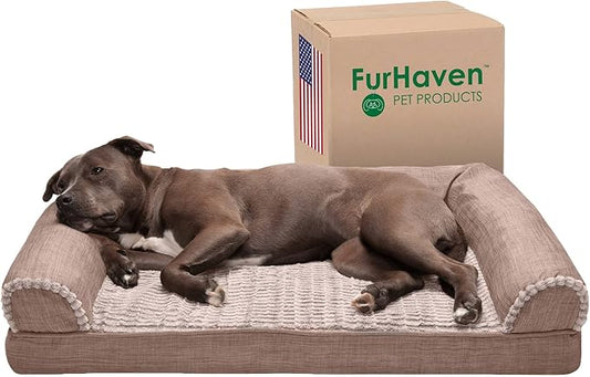 Furhaven Orthopedic Dog Bed for Large/Medium Dogs w/ Removable Bolsters & Washable Cover, For Dogs Up to 55 lbs - Luxe Faux Fur & Performance Linen Sofa - Woodsmoke, Large