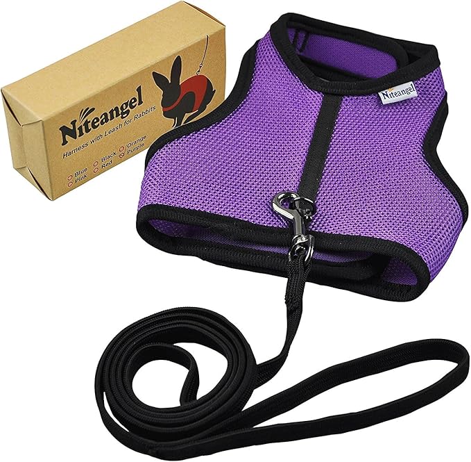 Niteangel Adjustable Soft Harness with Elastic Leash for Rabbits (XL, Purple)