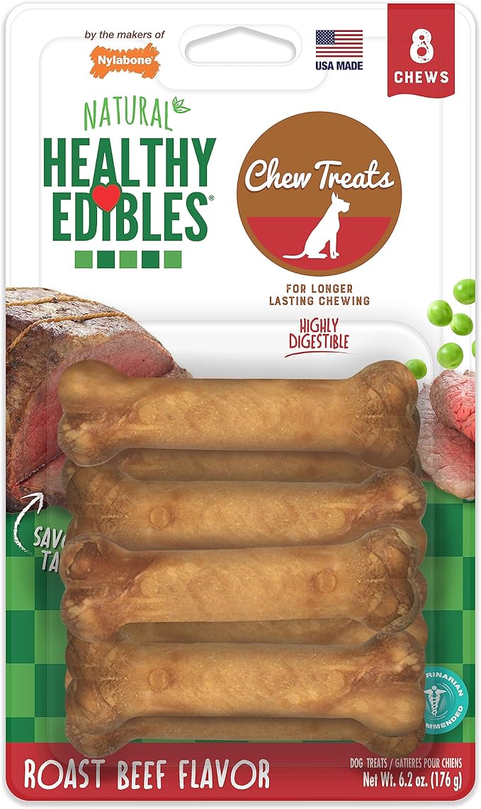 Nylabone Healthy Edibles Natural Dog Chews Long Lasting Chew Treats for Dogs, Roast Beef Flavor, X-Small/Petite (8 Count)