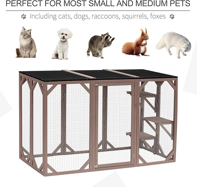 71 Inch Wooden Catio Outdoor Cat Enclosure, Kitty-House with Jumping Platforms & Weatherproof Asphalt Roof, Walk-in Kitty Kennel Condo Shelter