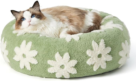 Lesure Cat Beds for Indoor Cats - Round Cat Bed Donut Small Dog Bed Calming Pet Beds, Cute Modern Beds with Jacquard Shaggy Plush & Anti Slip Bottom, 20 Inch, Green