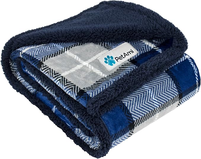 PetAmi WATERPROOF Dog Blanket for Medium Large Dog, Pet Puppy Blanket Couch Cover Protection, Sherpa Fleece Cat Blanket, Sofa Bed Furniture Protector Reversible Soft Plush Washable, 60x40 Plaid Navy