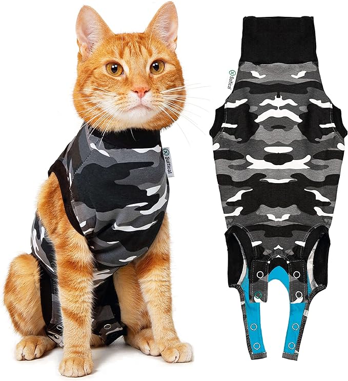 Suitical Recovery Suit for Cats | Spay and Neutering Cat Surgery Recovery Suit for Male or Female | Soft Fabric for Skin Conditions | S | Neck to Tail 16.9” - 20.1" | Black Camouflage