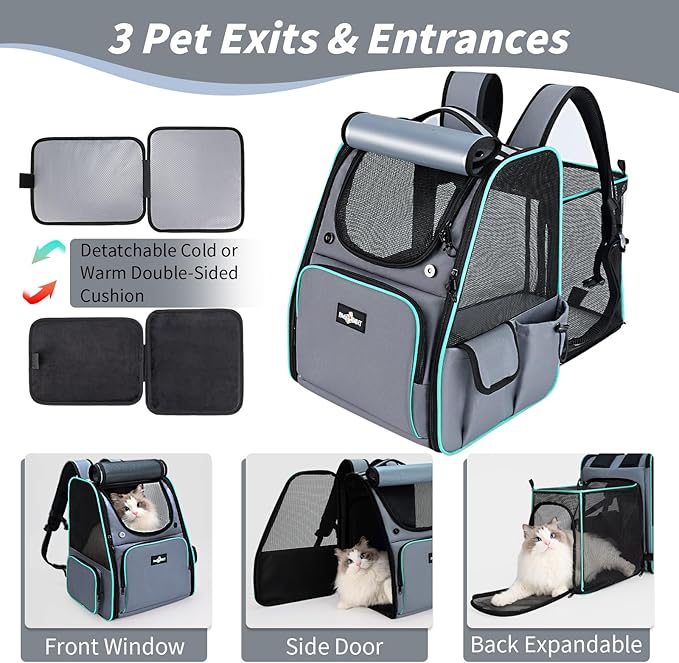 Cat Backpack Carrier, Expandable Pet Dog Backpack Carrier for Small Medium Cat Dog Under 20LBS, Ventilated Pet Backpack for Hiking Travel Outdoor Use, Gray