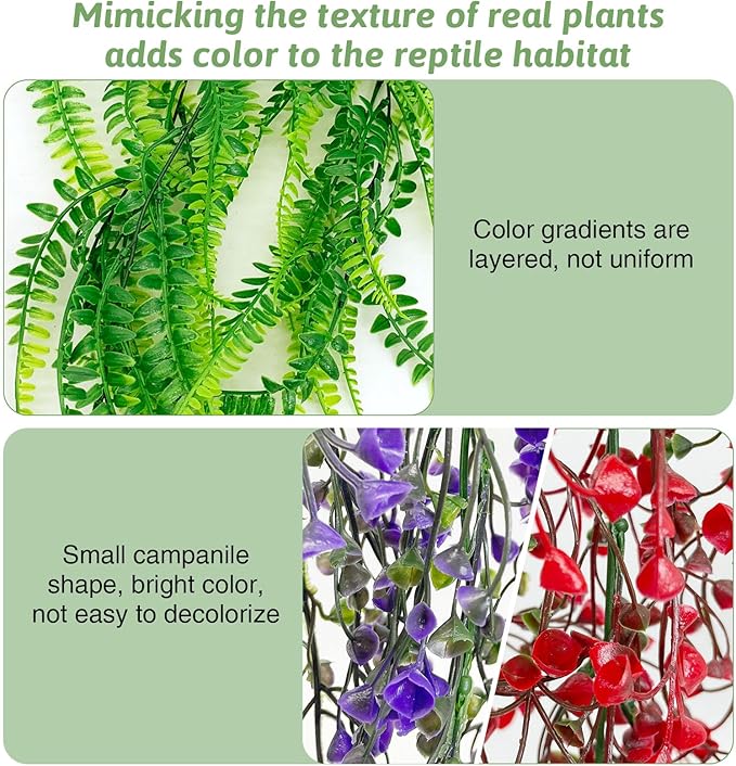 PINVNBY 3 Pack Reptile Plants Terrarium Hanging Fake Vines with Suction Cup Artificial Leaves for Bearded Dragons Lizards Geckos Snake Hermit Crab (Green, Purple and Red)