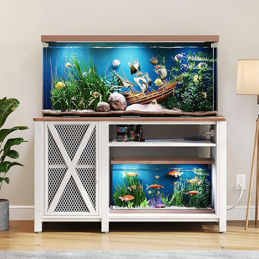 YITAHOME Heavy Duty 55-75 Gallon Aquarium Stand with Power Outlets, Cabinet for Fish Tank Accessories Storage - Metal Fish Tank Stand Suitable for Fish Tank, Turtle Tank, 880LBS Capacity, White