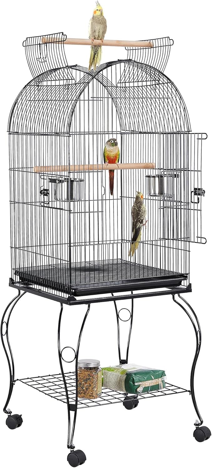 Yaheetech 59-Inch Rolling Standing Medium Dome Open Top Bird Cage for Parrots Cockatiels Sun Conures Parakeets Lovebirds Budgies Finches Canary Pet Bird Cage with Removable Stand