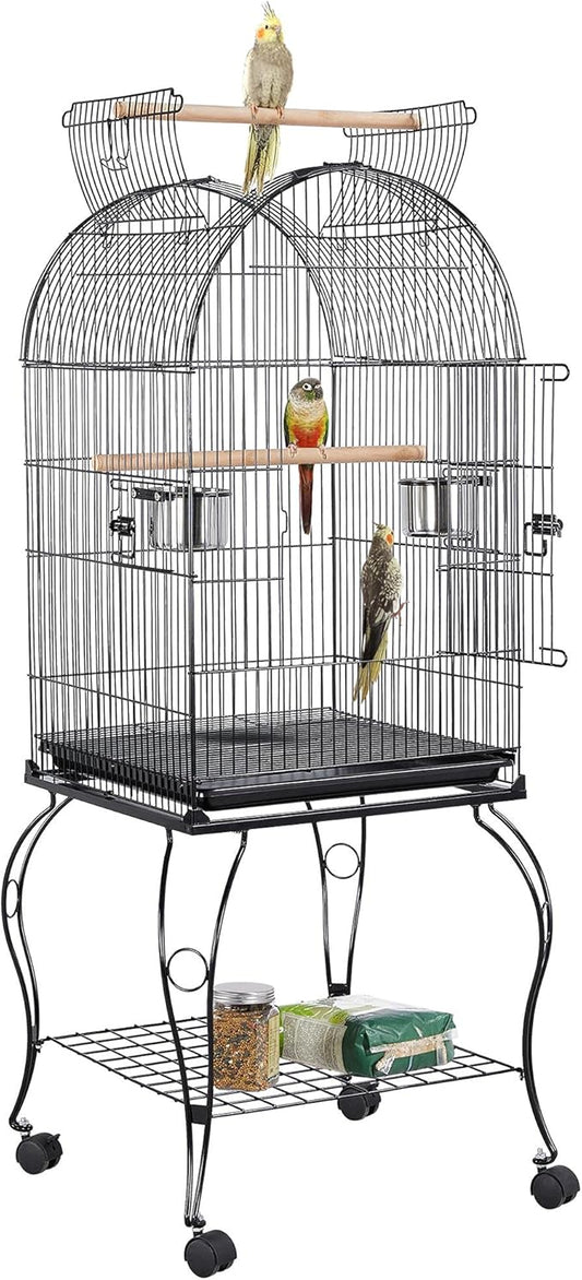 Yaheetech 59-Inch Rolling Standing Medium Dome Open Top Bird Cage for Parrots Cockatiels Sun Conures Parakeets Lovebirds Budgies Finches Canary Pet Bird Cage with Removable Stand