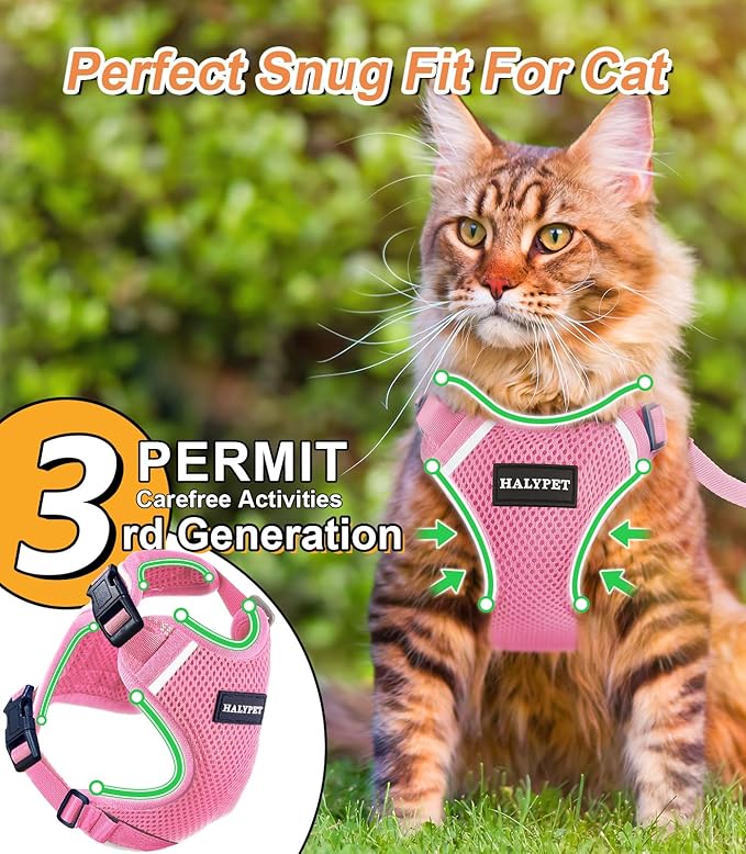 Cat Harness and Leash Set [ MAX Safety Third Generation ] Escape Proof Soft Adjustable Cat Leash Breathable Comfortable Vest Easy to Wear Kitten Harness for Outdoor Walking