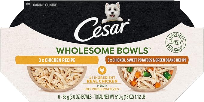 CESAR WHOLESOME BOWLS Adult Wet Dog Food, Chicken Recipe and Chicken, Sweet Potatoes & Green Beans Recipe Variety Pack, 3 oz., Pack of 6