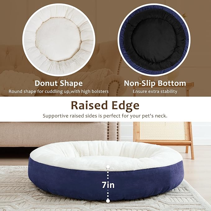 Love's cabin Round Donut Cat and Dog Cushion Bed, 25in Pet Bed for Small or Medium Dogs, Anti-Slip & Water-Resistant Bottom, Soft Durable Fabric Pet Beds, Washable Calming Cat & Dog Bed Navy