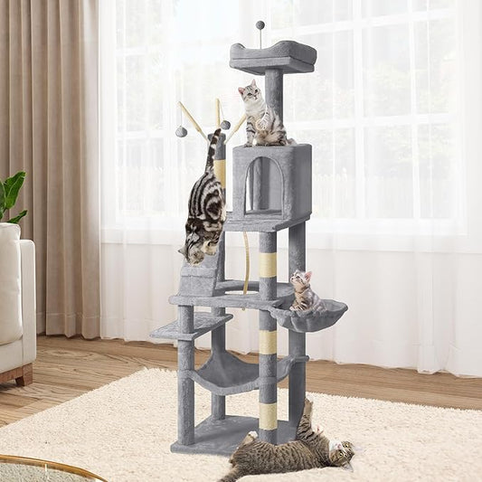 YITAHOME 64.5" Cat Tree, Multi-Level Cat House, Large Cat Condo Furniture with Perch Hammock, Scratching Posts and Dangling Balls for Kittens, Cats and Pets, Light Gray