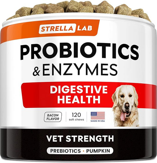 StrellaLab Vet Strength Dog Probiotics Treats - 1 Billion CFU + Digestive Enzymes + Prebiotics - Chewable Fiber Supplement w/Pumpkin - Allergy, Diarrhea, Gas, Constipation, Upset Stomach Relief