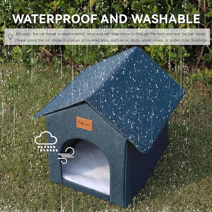 Outdoor Cat House, Outdoor Cat Shelter Feral Cat, Outside Waterproof Cat House for Outdoor/Indoor Cats, Insulated Cat House for Winter with Cozy Cushion, Easy to Assemble, Navy Blue, 2 Pack
