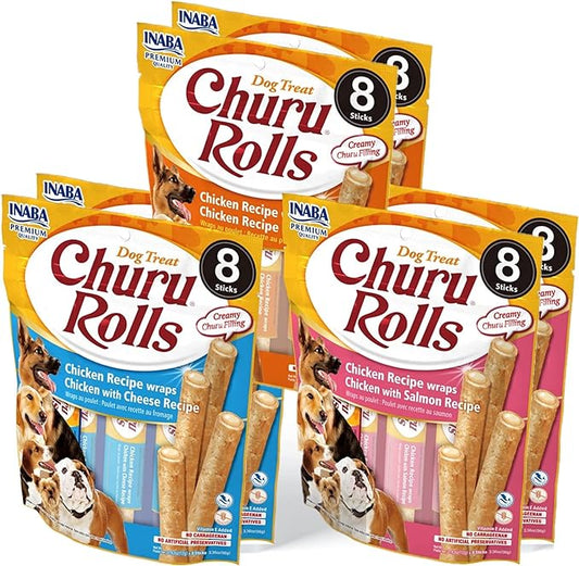 INABA Churu Rolls for Dogs, Grain-Free, Soft/Chewy Baked Chicken Wrapped Churu Filled Dog Treats, 0.42 Ounces Each Stick (8 Sticks per Pack), 3 Flavor Variety Pack (48 Sticks)