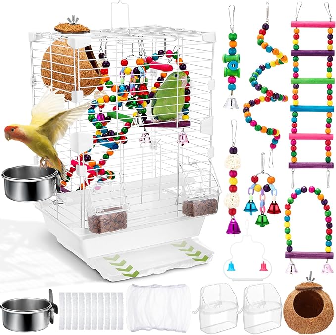 Parrot Starter Kit, 17.7" Bird Cage with Handle 6 Pcs Wood Bird Toys for Parakeets, Parrot Feeders Water Cage Bowls, Bird Cage Seed Catcher, Coconut Bird Nest Hut, Disposable Cage Liner