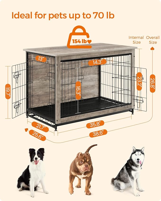 Feandrea Dog Crate Furniture, Side End Table, Modern Kennel for Dogs Indoor up to 70 lb, Heavy-Duty Dog Cage with Multi-Purpose Removable Tray, Double-Door Dog House, Greige UPFC003G01