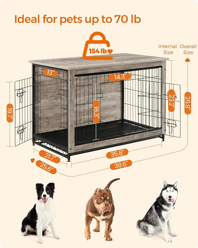 Feandrea Dog Crate Furniture, Side End Table, Modern Kennel for Dogs Indoor up to 70 lb, Heavy-Duty Dog Cage with Multi-Purpose Removable Tray, Double-Door Dog House, Greige UPFC003G01