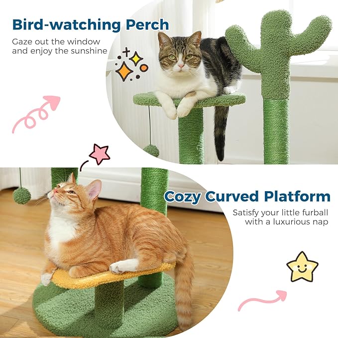 Made4Pets Cat Tree Cactus Cat Scratching Post 26” Cats Tree Tower for Indoor Cat Scratchers Kitty Tower with Flower Perch, Dangling Ball