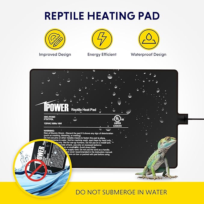iPower Reptile Heat Pad 8 by12 Inch Under Tank Terrarium Warmer 16W Heating Mat for Turtle, Lizard, Frog, Snake, Hermit Crab and Other Small Animals