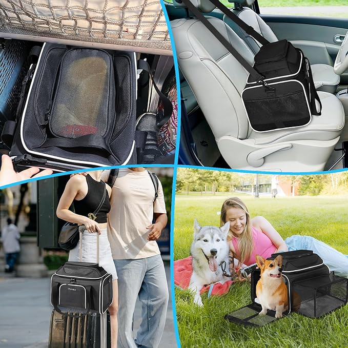 Top and Side Expandable Pet Carrier 17x11x9.5 Inches Alaska Airline Approved, Soft-Sided Carrier for Small Cats and Dogs with Locking Safety Zippers and Anti-Scratch Mesh(Black)