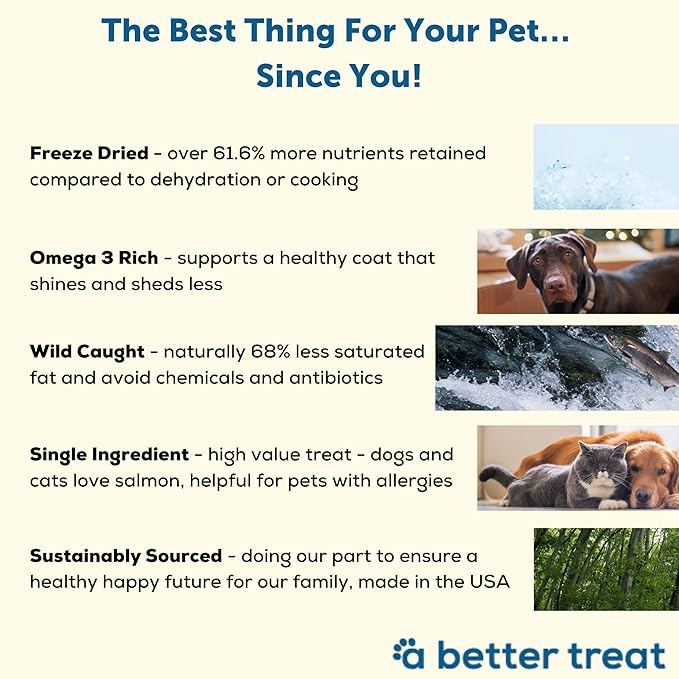 A Better Treat – Freeze Dried Salmon Dog Treats, Wild Caught, Single Ingredient | Natural High Value | Gluten Free, Grain Free, High Protein, Diabetic Friendly | Natural Fish Oil | Made in The USA