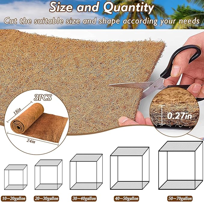 ZeeDix 3 Rolls Coconut Fiber Reptile Substrate Mat, 18 x 24 inches Natural Coco Mat Reptile Carpet Coco Fiber Liner Turtle Bedding Reptile Terrarium Liner for Lizard Snake Turtle Gecko Bearded Dragon