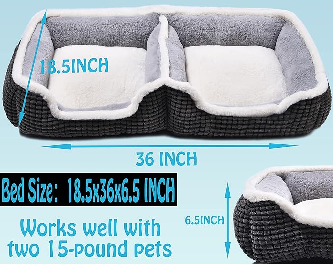 Dog Beds for Two Small Dogs, Double Cat Beds for Indoor Cats, Super Soft Washable Cat Bed with Anti-Slip & Water-Resistant Bottom, Luxury Durable Kitten Bed Puppy Bed, Rectangle Grey Animal Pet Beds