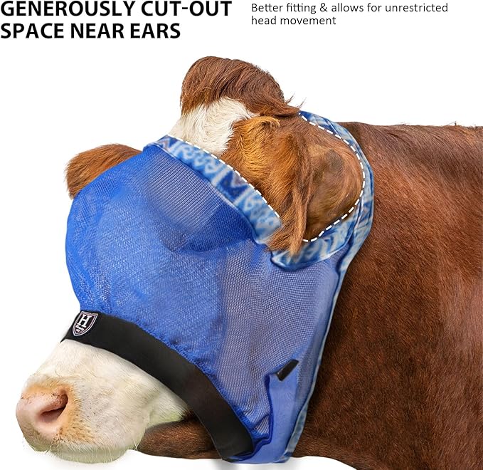 Harrison Howard Cattle Livestock Fly Mask Breathable Mesh Padded Edging with Fun Patterns Large Spacing Forelock Opening Design Adjustable Fit for Cattle Blue