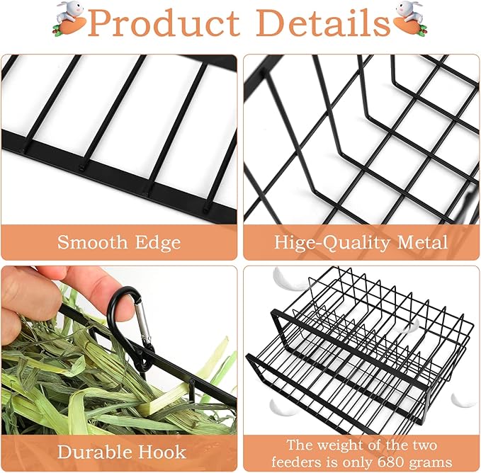 2PCS Rabbit Hay Feeder Guinea Pig Hay Feeder with Heavy Duty Metal Frame hay Rack Pet grass feeder Small animal basket with hook Metal feeding rack for rabbits Guinea pigs Chinchillas Timothy