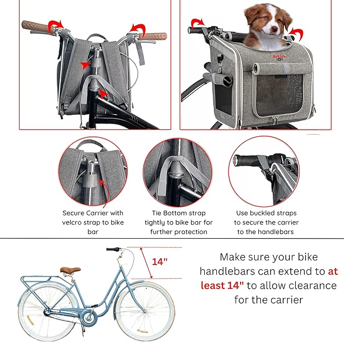 Dog Bike Basket, Expandable Soft-Sided Reflective Pet Carrier Backpack with 4 Open Doors, 4 Mesh Windows for Medium Small Dog Cat Puppies (Grey)