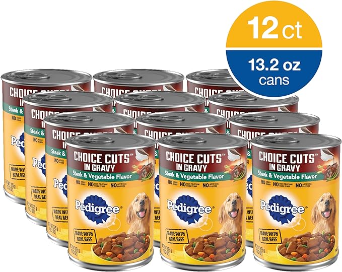 PEDIGREE CHOICE CUTS IN GRAVY Adult Canned Soft Wet Dog Food, Steak & Vegetable Flavor, 13.2 oz. Cans (Pack of 12)