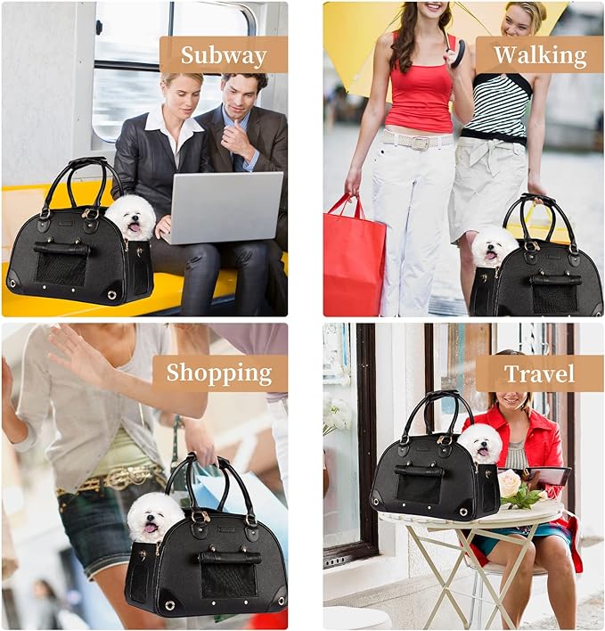 Dog Carrier, Pet Carrier, Dog Purse, Foldable Premium PU Leather Cat Carrier, Portable Tote Bag Carrier for Cats and Small Dogs - Black