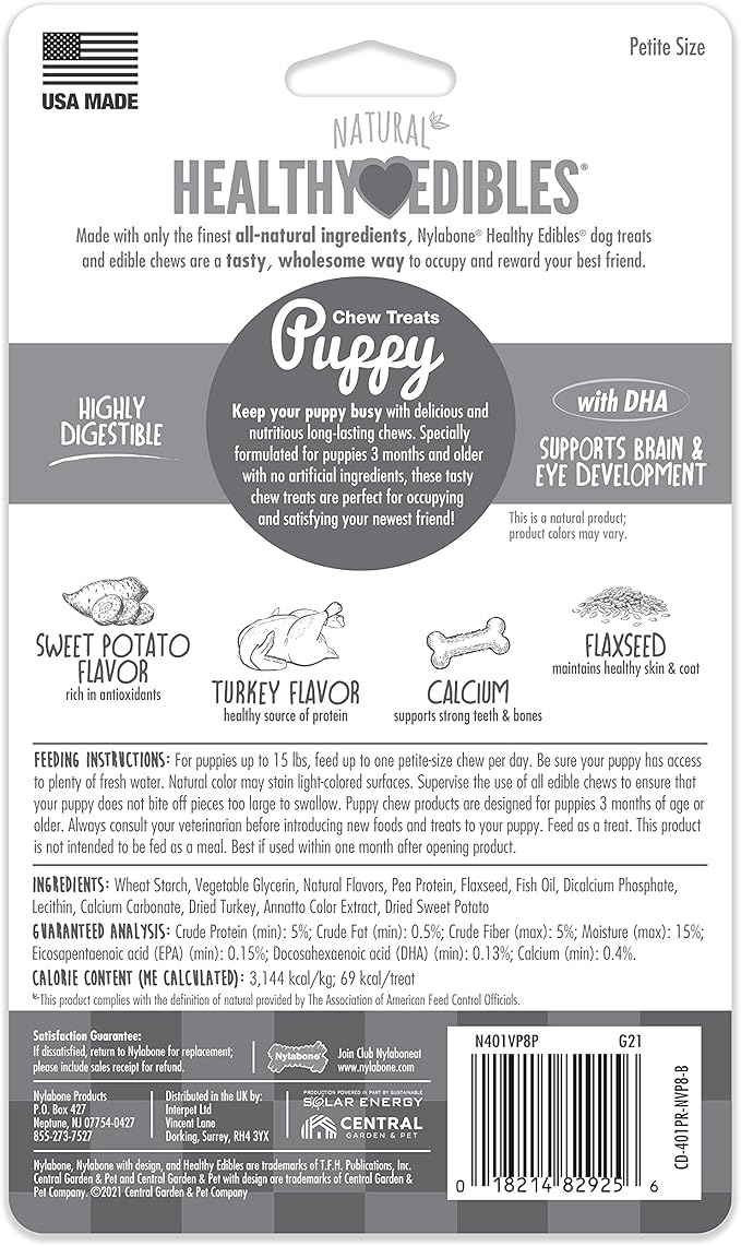Nylabone Healthy Edibles Natural Puppy Chews Long Lasting Turkey & Sweet Potato Flavor Treats for Dogs, X-Small/Petite (8 Count)