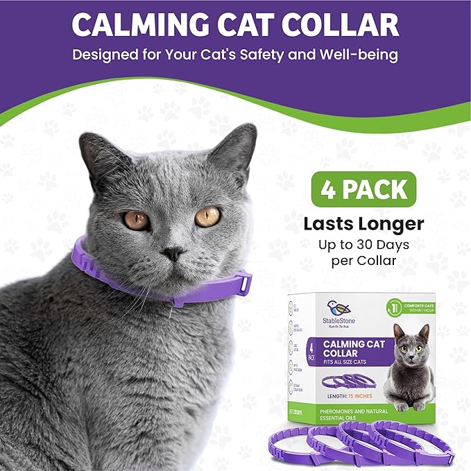 4 Pack Calming Collar for Cats, Cat Calming Collar, Calming Pheromone Collar for Cats, Cat Pheromone Collar, Cat Calming Collar for Anxiety, Efficient Relieve Anxiety Stress (4 Pack)