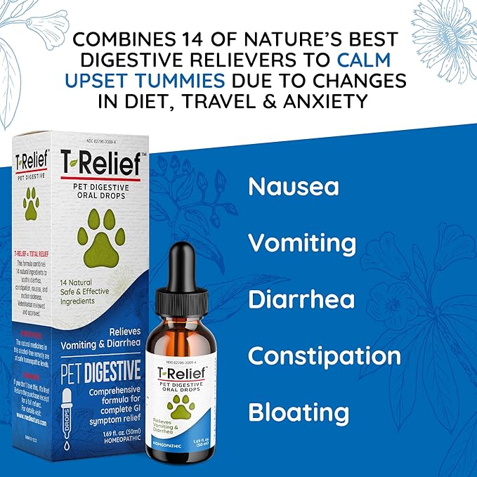 T-Relief Pet Digestive Complete GI Relief Drops for Dog & Cat Soothing Aloe + 13 Natural Homeopathic Actives Help Calm Nausea & Diarrhea from Mild Illness Food Stress or Motion Sickness - 1.69 oz