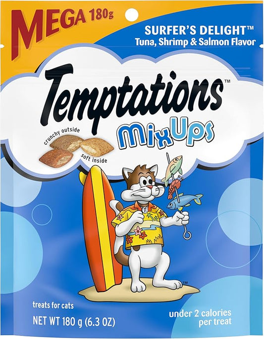 TEMPTATIONS MIXUPS Crunchy and Soft Cat Treats Surfer's Delight Flavor, 6.3 oz. Pouch, Pack of 10