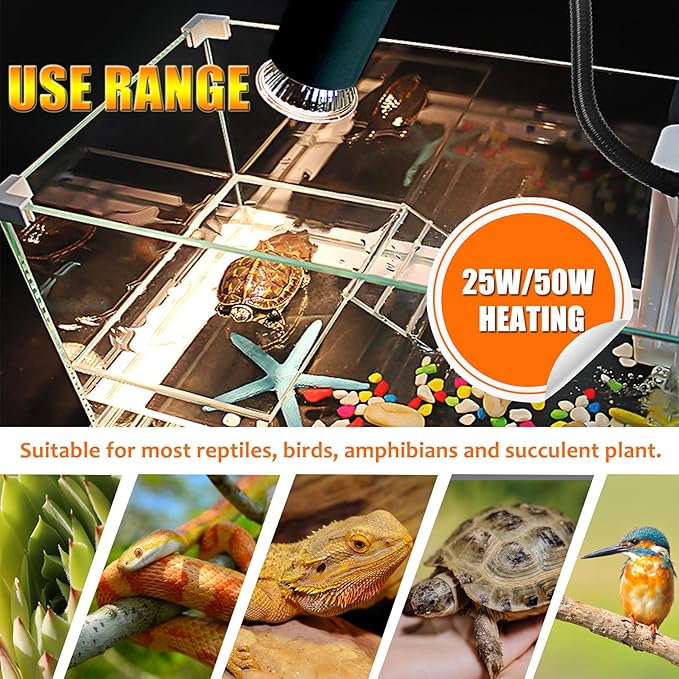 Reptile Heat Lamp,Timed Heating Lamp with Clamp, Adjustable Habitat Basking Heat Lamp,UVA/UVB Light Lamp 360° Rotatable Clip and Power Adapter for Aquarium(Bulb Included)