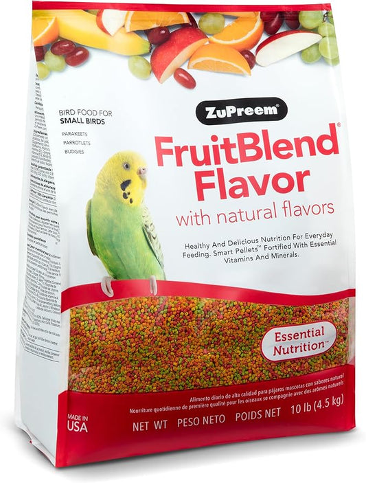 ZuPreem FruitBlend Flavor Pellets Bird Food for Small Birds, 10 lb - Daily Blend Made in USA for Parakeets, Budgies, Parrotlets