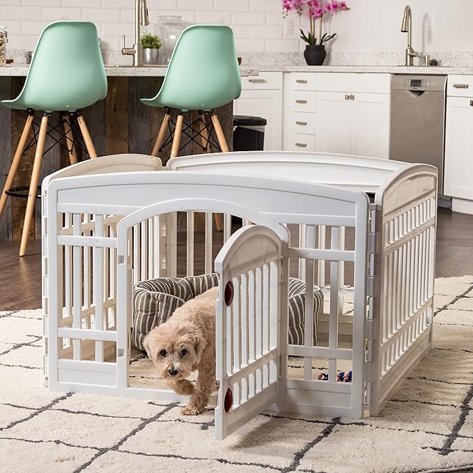 IRIS USA Dog Playpen, 4-Panel 24" Pet Playpen with Door, Puppy Playpen, Indoor/Outdoor Dog Pen, 35 x 35 x 24, Foldable, Customizable, White