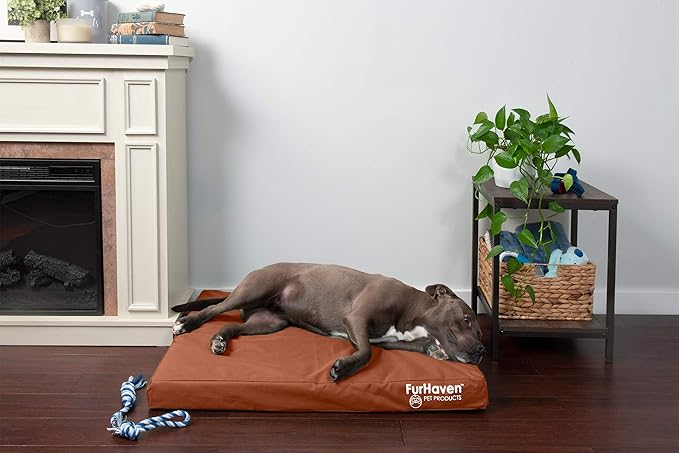 Furhaven Water-Resistant Memory Foam Dog Bed for Large/Medium Dogs w/ Removable Washable Cover, For Dogs Up to 55 lbs - Indoor/Outdoor Logo Print Oxford Polycanvas Mattress - Chestnut, Large