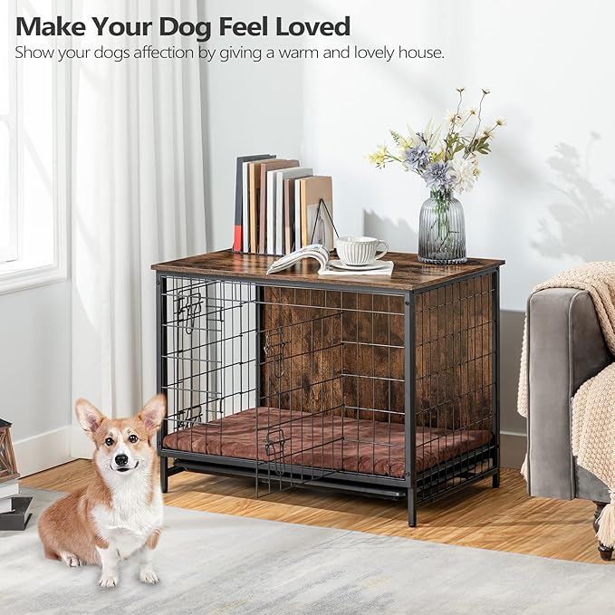 Dog Crate Furniture, Wooden Dog Kennel with Removable Tray, Heavy-Duty Dog Cage for Small/Medium/Large Dogs, Indoor Dog House End Side Table, 31.5" L, Rustic Brown DCHR0201Z